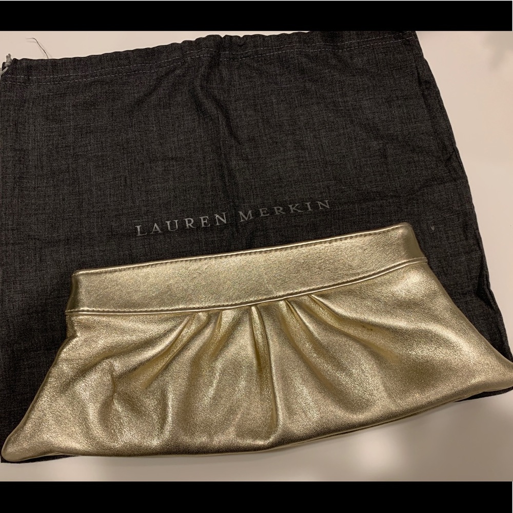 Lauren Merkin 100% lamb skin metallic gold clutch